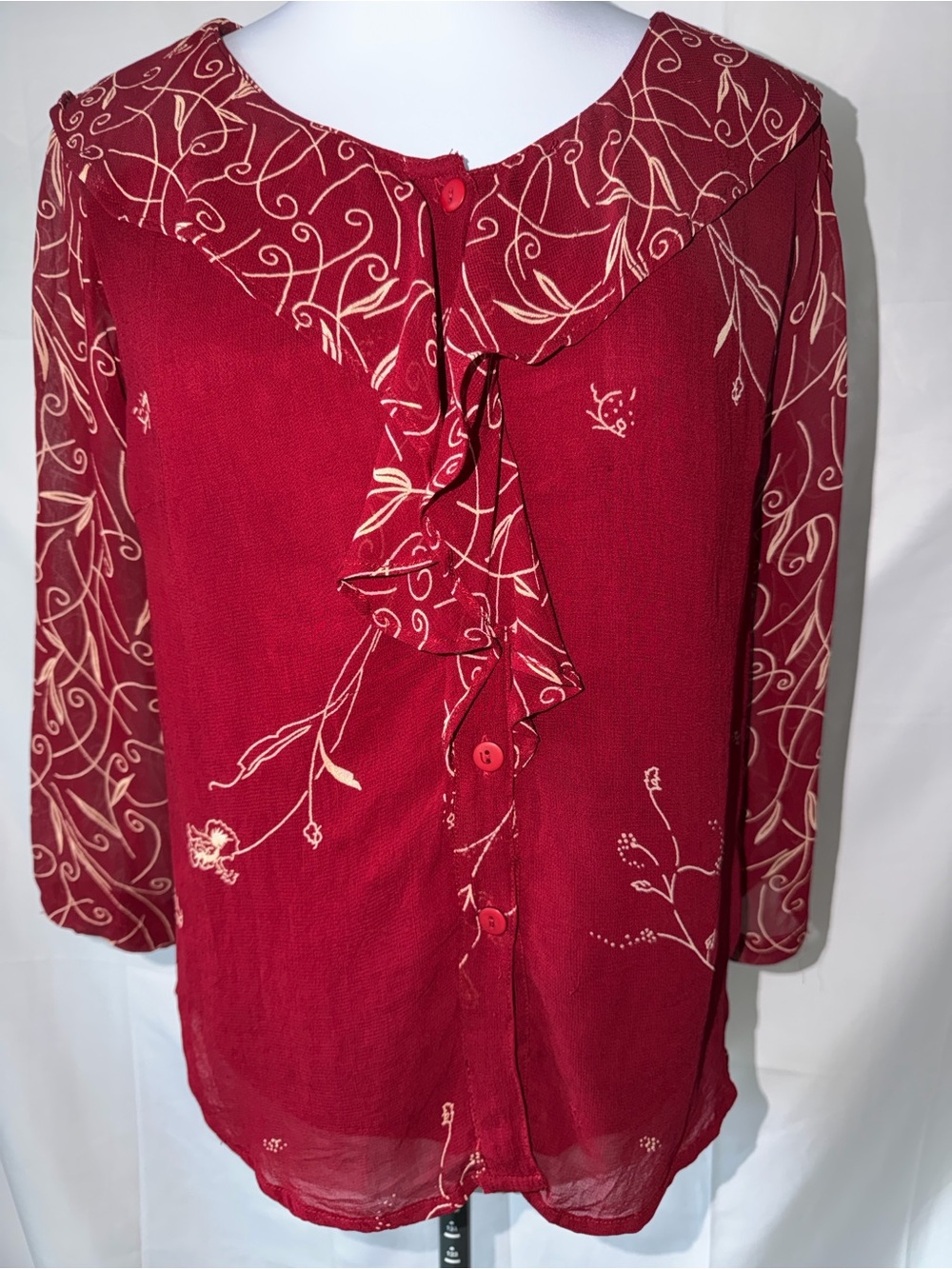 Phool Vintage Red ruffle neck sheer button up long sleeve top